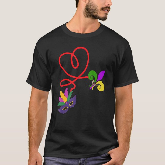 Mardi Gras Kärlek Heart Mask och Fleur De Lis 1 T Shirt (Framsida)