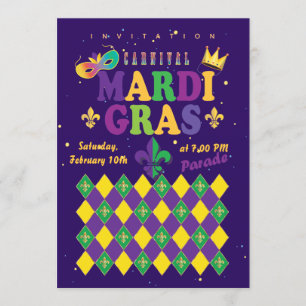 Mardi Gras Karneval Fleur de Lis Diamant Harlekin Inbjudningar