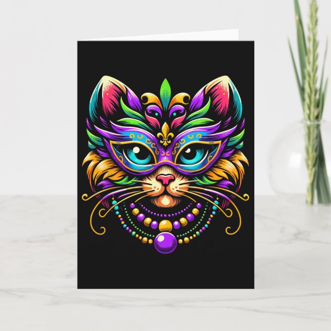 Mardi Gras katt som bär mask narr hatt rolig karne Kort (Framsida)