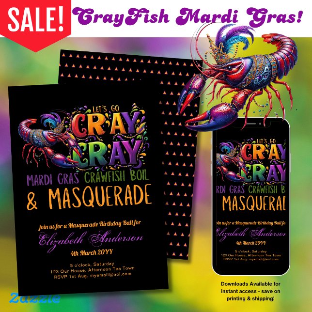 Mardi Gras Kräftor Boil Masquerade Lets Cray Cray Inbjudningar (Skapare uppladdad)