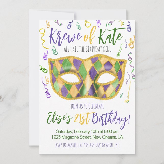 Mardi Gras Krewe Birthday-inbjudan Inbjudningar (Framsida)