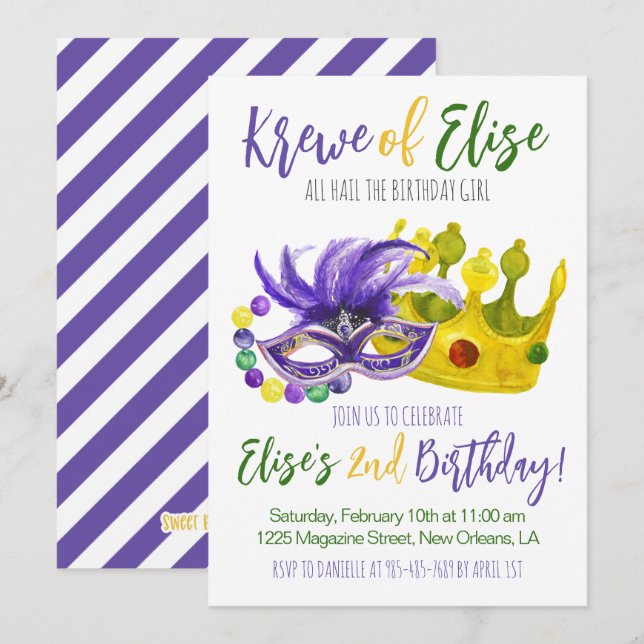 Mardi Gras Krewe Birthday-inbjudan Inbjudningar (Fram/baksida)
