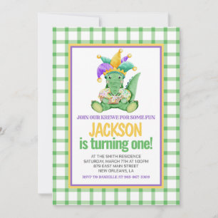 Mardi Gras Krewe Gator Kung Cake Första födelsedag Inbjudningar