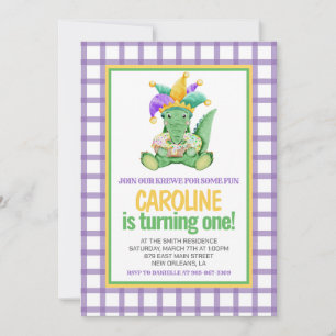 Mardi Gras Krewe Gator Kung Cake Första födelsedag Inbjudningar