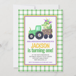 Mardi Gras Krewe Gator Tractor Cake First Birthday Inbjudningar