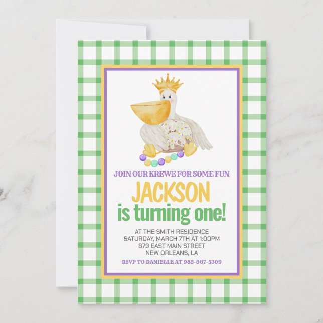 Mardi Gras Krewe PELICAN Kung Cake First Birthday Inbjudningar (Framsida)