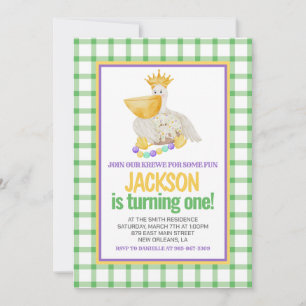 Mardi Gras Krewe PELICAN Kung Cake First Birthday Inbjudningar