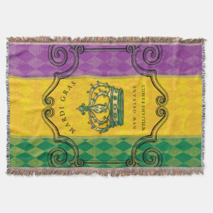 Mardi Gras Krona Lila Grönt Guld Familjen Namn Mysfilt