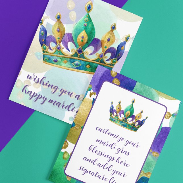 Mardi Gras-krona med pärlhalsbandshälsningar Julkort (Fully customize your Mardi Gras greeting card on the front and back of this cute Mardi Gras Crown)