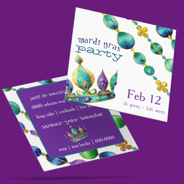 Mardi Gras-krona och pärlhalsband fest  Inbjudningar (Customize the front and back of these Mardi Gras party invitations.)