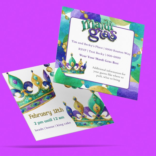 Mardi Gras-kronor och pärlor Party Inbjudan (Mardi Gras party invitation you can customize on the front and back. )