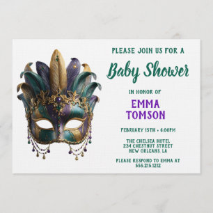 Mardi Gras kunglig fjädermask baby shower Inbjudningar