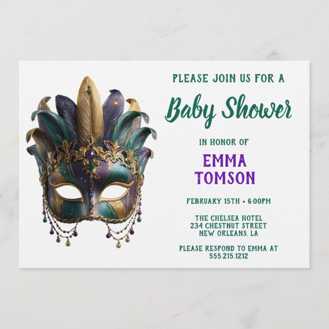 Mardi Gras kunglig fjädermask baby shower  Inbjudningar (Framsida)