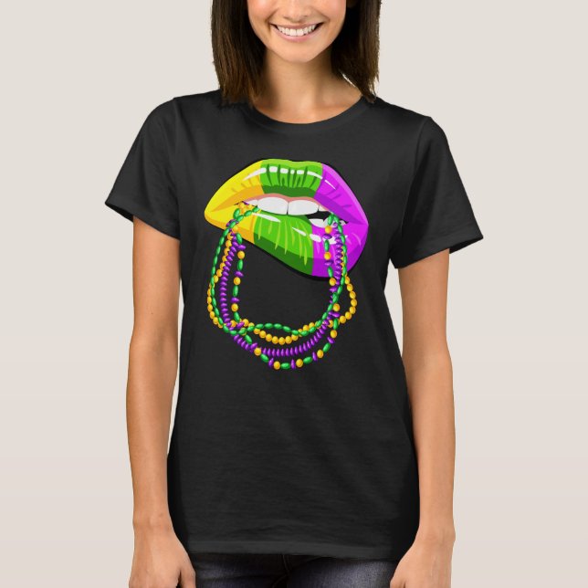 Mardi Gras Läppar Queen Pärlor utrustning för kvin T Shirt (Framsida)