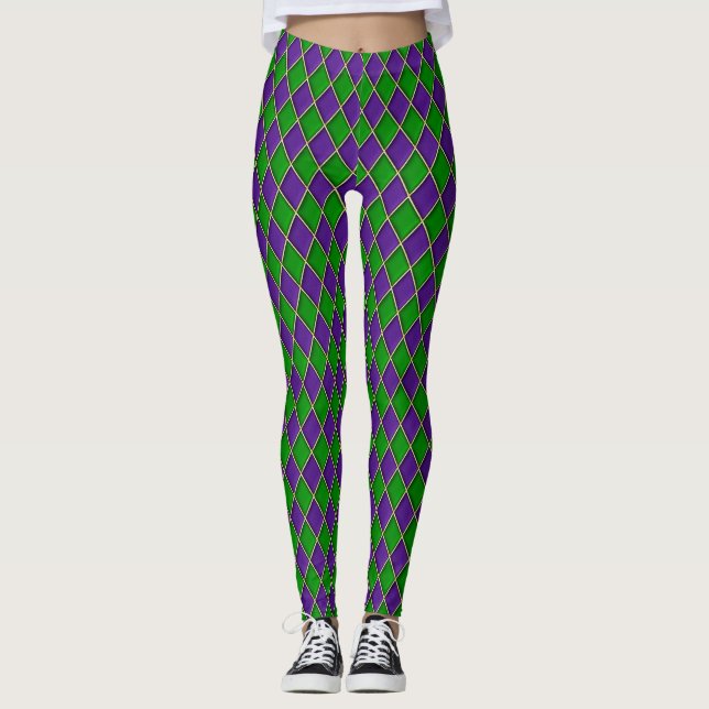 Mardi Gras Leggings, Diamond Harlequin Jester Leggings (Framsida)