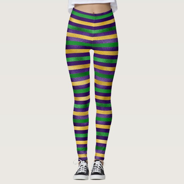 Mardi Gras Leggings, Mardi Gras Färg Rand Leggings (Framsida)