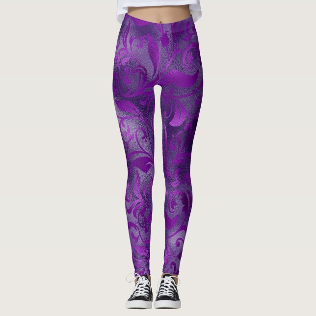 Mardi Gras Leggings, Mardi Gras Lila Blommigt Leggings (Framsida)