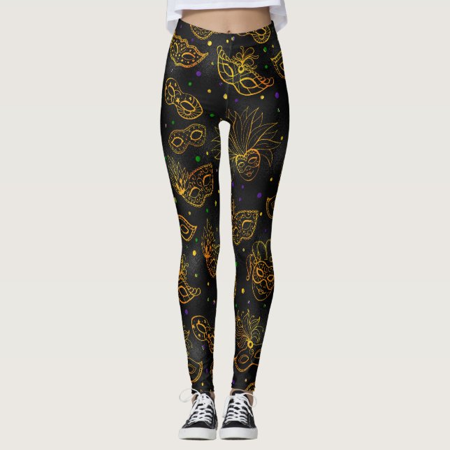 Mardi Gras Leggings, Mardi Gras Mask Mönster Leggings (Framsida)