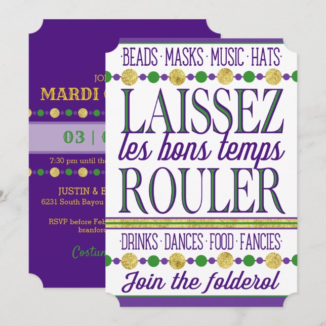 Mardi Gras | Les Bons Temps Rouler Inbjudningar (Fram/baksida)