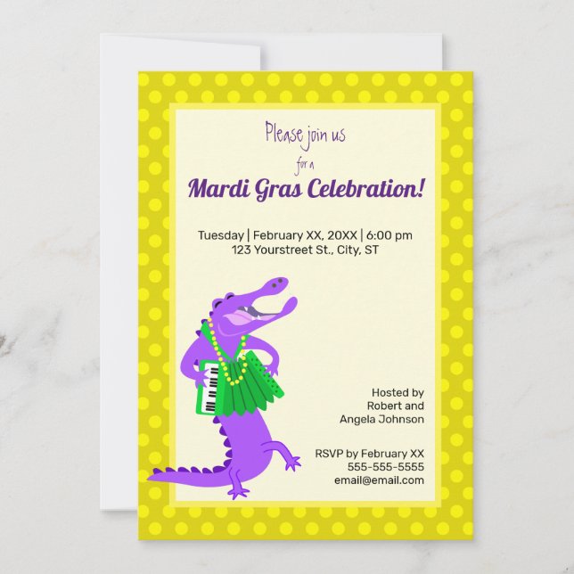 Mardi Gras Lila Alligator Inbjudningar (Framsida)