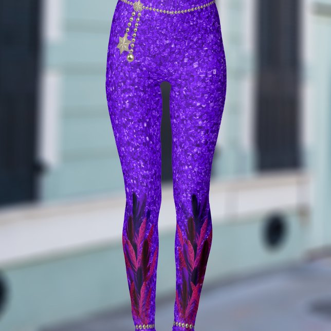 Mardi Gras Lila Faux Feathers Glitter Leggings (Have fun at the carnival in a pair of these Mardi Gras inspired leggings!)