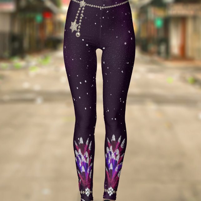 Mardi Gras Lila Glitter Feather Pendant Leggings (Have fun at the Mardi Gras Carnival in a pair of these faux feather pendant leggings!)