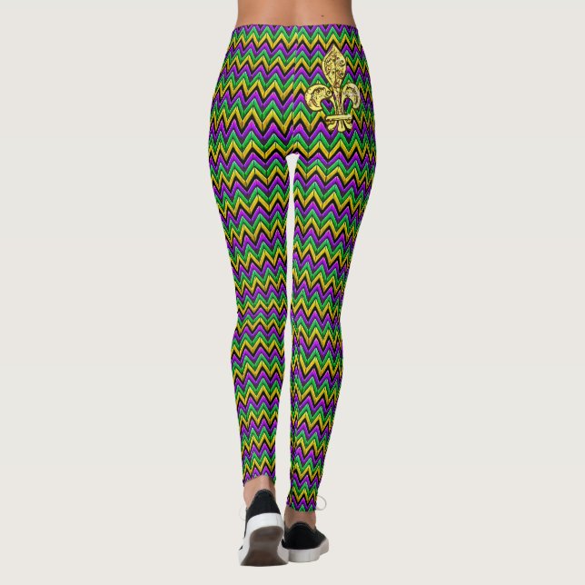 Mardi Gras Lila Grönt Guld ZigZag Rand Leggings (Baksida)