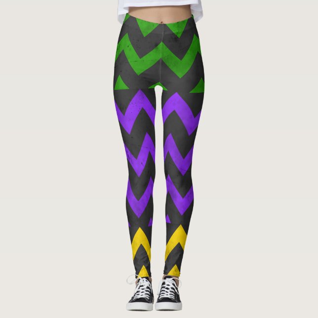 Mardi Gras Lila Grönt Gult Chevron linjer Leggings (Framsida)