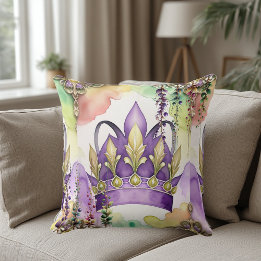 Mardi Gras Lila Krona Grönt & Guld Watercolor Kudde