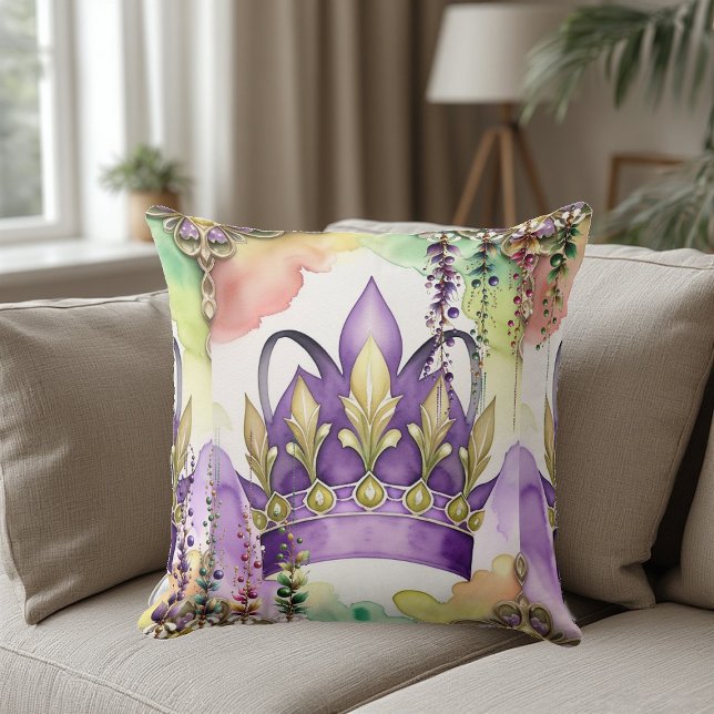 Mardi Gras Lila Krona Grönt & Guld Watercolor Kudde (Mardi Gras Purple Crown Green & Gold Watercolor Throw Pillow)