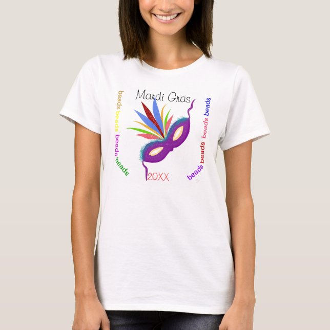 Mardi Gras Lila Mask Colorful Pärlor Roligt T-shirt (Framsida)