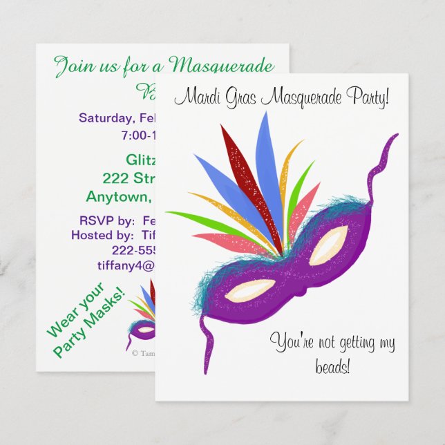 Mardi Gras Lila Mask MasqueraBoll Inbjudningar (Fram/baksida)