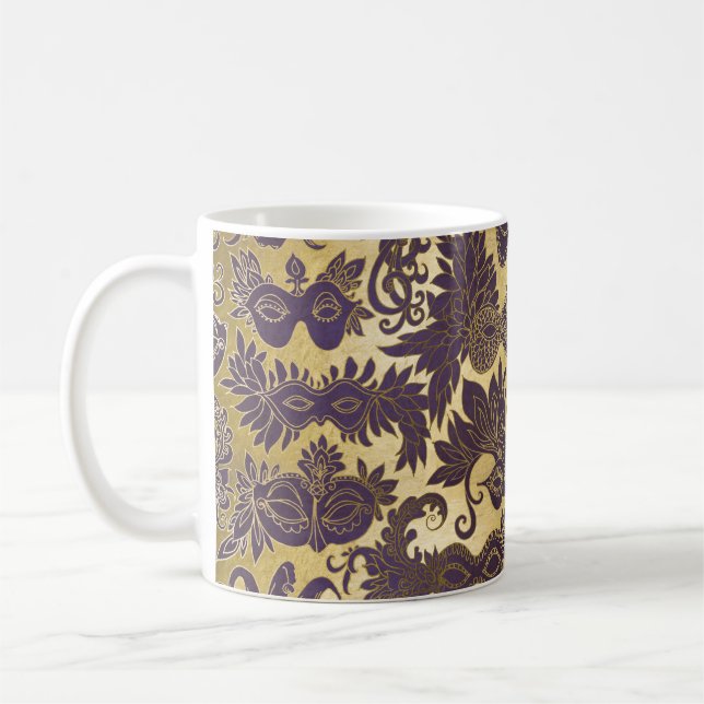 Mardi Gras Lila Masquerad Masks Faux Guld Kaffemugg (Vänster)