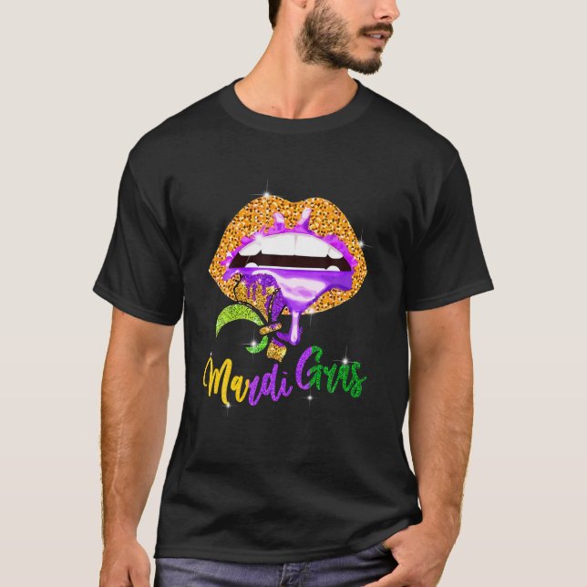 Mardi Gras Lip Biting Dibetween Shining Costume T Shirt (Framsida)