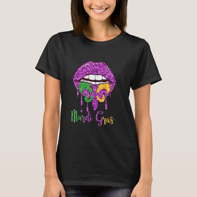 Mardi Gras Lip Biting Dibetween Shining Costume T Shirt (Framsida)