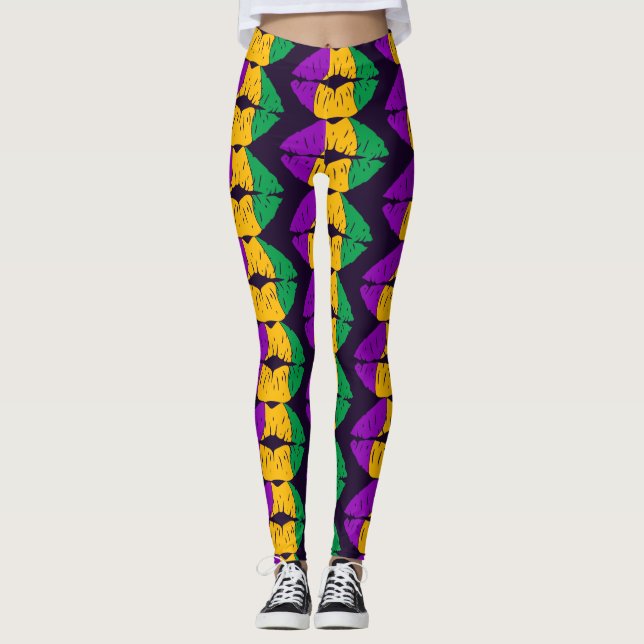 Mardi Gras Lip Färg Kiss Mönster Carnival Party Leggings (Framsida)