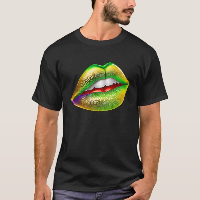Mardi Gras Lips Green Purple & Gold  1 T Shirt (Framsida)