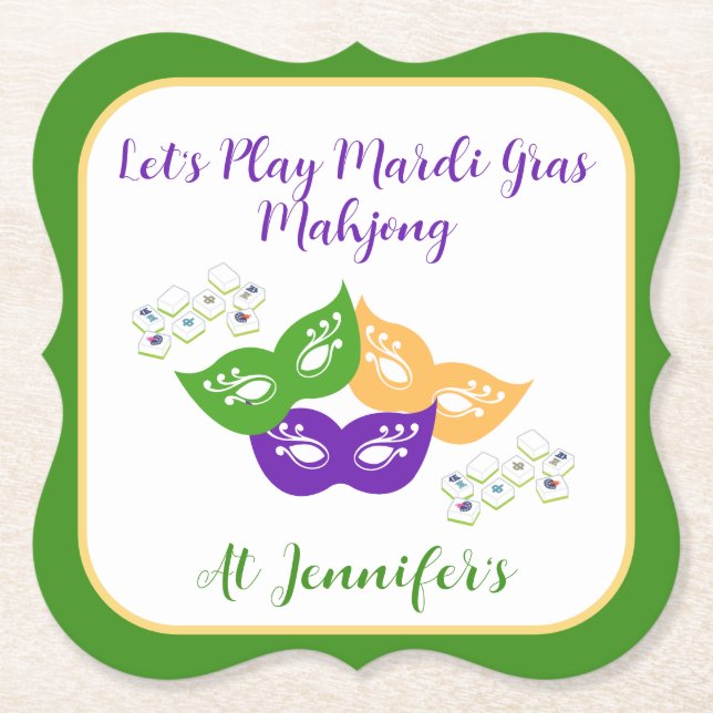 Mardi Gras Mahjong PERSONALIZE Green Gold Purple  Underlägg Papper (Framsida)