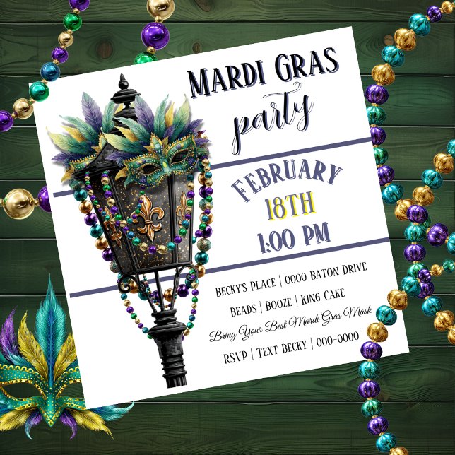 Mardi Gras Mask and Gas Lamp with Beads Inbjudningar (Customize the front and back of this Mardi Gras Party Invitation )