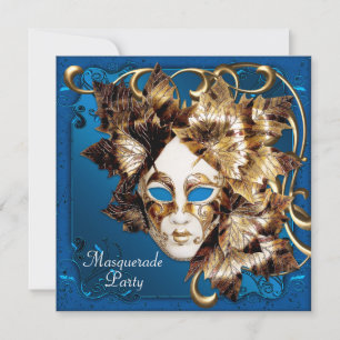 Mardi Gras-mask blå guld maskeradfest Inbjudningar