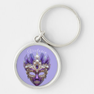 Mardi Gras Mask Elegant Pearls Feathers Gems Rund Silverfärgad Nyckelring