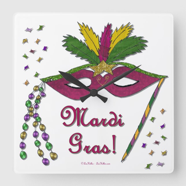 Mardi Gras Mask Feather Pärlor Fyrkantig Klocka (Framsida)