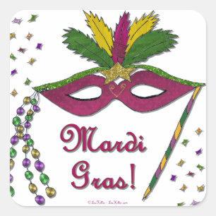 Mardi Gras Mask Feather Pärlor Fyrkantigt Klistermärke