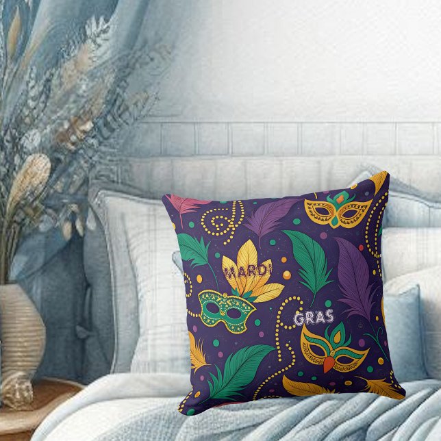 Mardi Gras Mask Feather Pärlor Guld Lila Grönt Kudde (Mardi Gras Masks Feather Beads Gold Purple Green Throw Pillow)