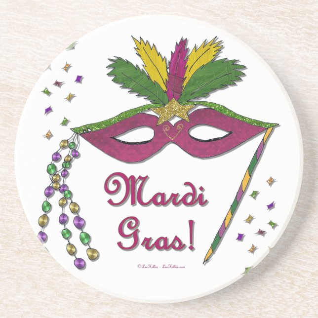 Mardi Gras Mask Feather Pärlor Underlägg Sandsten (Framsidan)