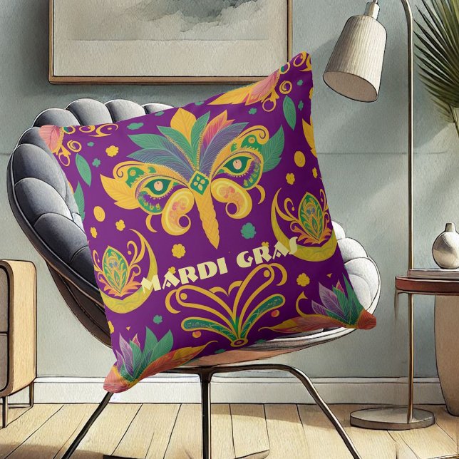 Mardi Gras Mask Fleur De Lis Lila Grönt Guld Kudde (Mardi Gras Mask Fleur De Lis Purple Green Gold Throw Pillow)