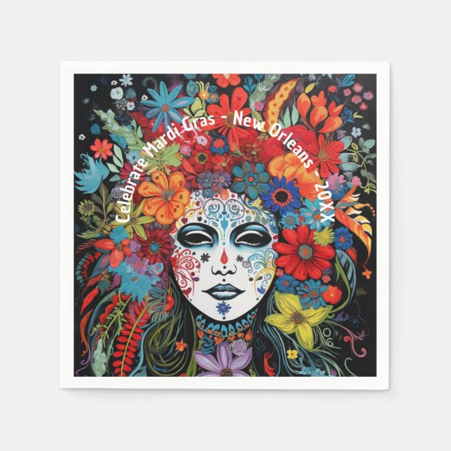 Mardi Gras Mask & Headdress Anpassningsbar Text Pa Pappersservett (Framsidan)