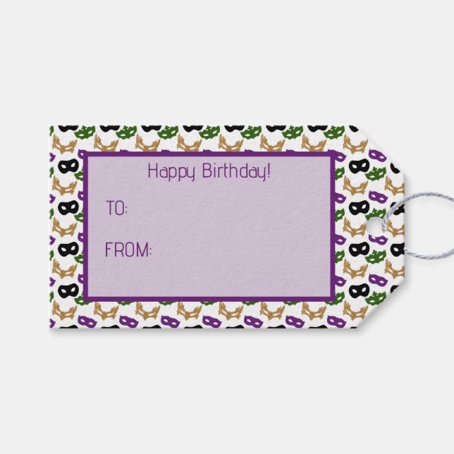 Mardi Gras Mask Lila Grönt Faux Guld Black Presentetikett (Framsidan (Horisontell))