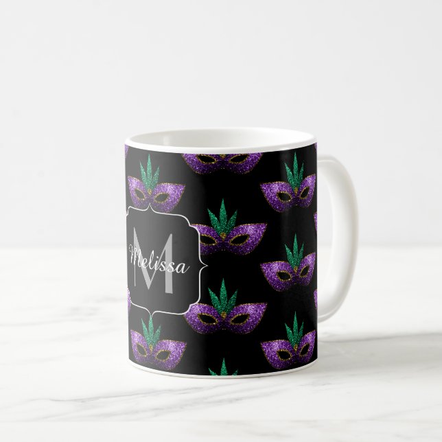 Mardi Gras Mask Lila Grönt Guld Gnistra Monogram Kaffemugg (Framsida höger)