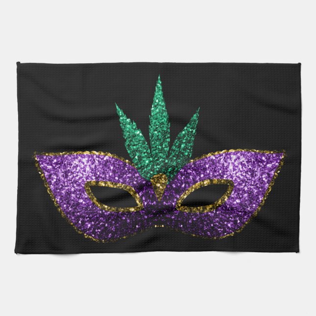 Mardi Gras Mask Lila Grönt Guld Sparkles black Kökshandduk (Horisontell)